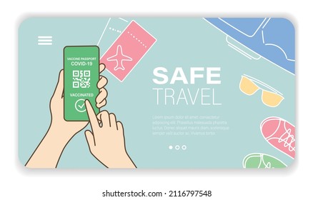 Landing page with safe travel concept. Green pass on smartphone screen with travel staff on background. Vector illustration