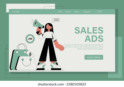 Landing page sales ads illustration. A woman is holding a megaphone and standing next to a shopping bag