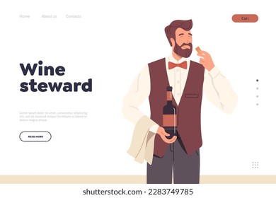 Landing page with satisfied wine steward character smelling cork while opening drink bottle