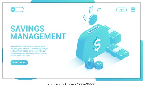 Landing page with savings concept. Icons of wallet, money, coins. Modern concept of web page design for website and mobile website. Easy to edit and customize. Vector illustration.