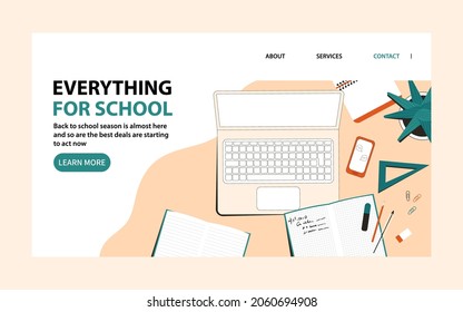 Landing page with school supplies for ordering online stationery. Flat vector illustration