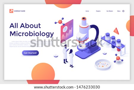 Landing page with scientists, test tubes, microscope and Petri dish. Bacteriological analysis, microbiological or microscopy research lab. Modern isometric design template. Vector illustration.