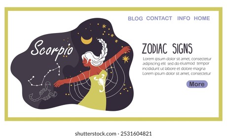 Landing page con signo del zodiaco Escorpio, avatar horóscopo femenino. Carácter de mujer moderno, personalidad astrológica con estilo. Chica de moda con cuernos, con cordero, cabra. Ilustración vectorial gráfica plana.