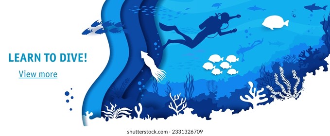 Landing page of scuba diving club with divers silhouettes and sea sharks, vector underwater paper cut landscape. Ocean or undersea scuba diving club web page with papercut layers of coral reef fishes