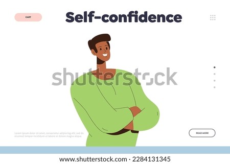 Landing page with self-confidence concept and happy smiling man holding folded arms on chest