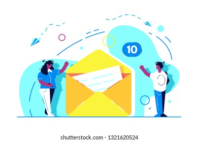 Landing page of Send Message Concept. Email. E-mail service. Electronic mail concept as marketing. Webmail or mobile service layout. Woman hold letter. Chatting. Notification. Social network. Chat. 