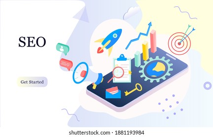 Landing Page von SEO Search Engine Optimization moderne flache Design isometrische Vorlage. Konzeptionelle SEO-Analyse und -Optimierung, SEO-Strategien und Marketing-Konzept, Vektorgrafik für die Website. 