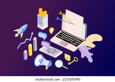 Landing page of SEO Search Engine Optimization modern flat design isometric template. Conceptual SEO analysis and optimization, SEO strategies and marketing concept vector illustration for web site.