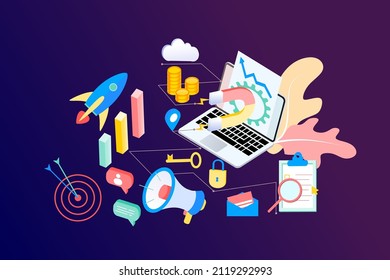 Landing page of SEO Search Engine Optimization modern flat design isometric template. Conceptual SEO analysis and optimization, SEO strategies and marketing concept vector illustration for web site.