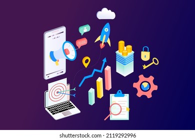 Landing page of SEO Search Engine Optimization modern flat design isometric template. Conceptual SEO analysis and optimization, SEO strategies and marketing concept vector illustration for web site.