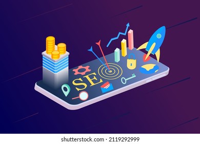 Landing page of SEO Search Engine Optimization modern flat design isometric template. Conceptual SEO analysis and optimization, SEO strategies and marketing concept vector illustration for web site.