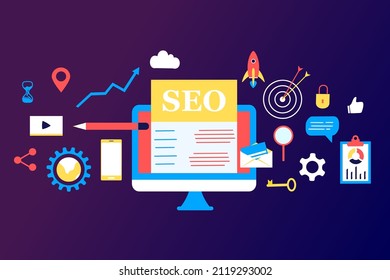 Landing page of SEO Search Engine Optimization modern flat design isometric template. Conceptual SEO analysis and optimization, SEO strategies and marketing concept vector illustration for web site.