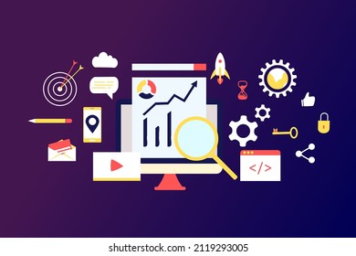 Landing page of SEO Search Engine Optimization modern flat design isometric template. Conceptual SEO analysis and optimization, SEO strategies and marketing concept vector illustration for web site.