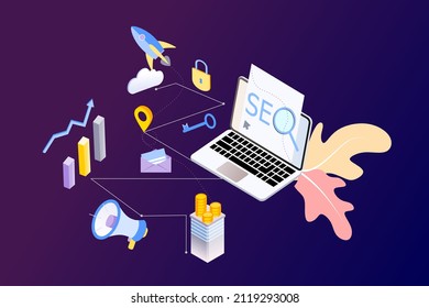 Landing page of SEO Search Engine Optimization modern flat design isometric template. Conceptual SEO analysis and optimization, SEO strategies and marketing concept vector illustration for web site.