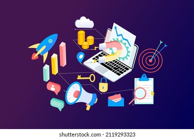 Landing page of SEO Search Engine Optimization modern flat design isometric template. Conceptual SEO analysis and optimization, SEO strategies and marketing concept vector illustration for web site.