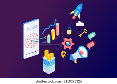 Landing page of SEO Search Engine Optimization modern flat design isometric template. Conceptual SEO analysis and optimization, SEO strategies and marketing concept vector illustration for web site.