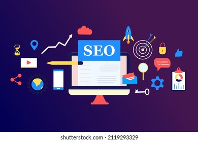 Landing page of SEO Search Engine Optimization modern flat design isometric template. Conceptual SEO analysis and optimization, SEO strategies and marketing concept vector illustration for web site.