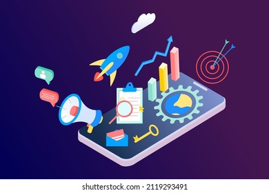 Landing page of SEO Search Engine Optimization modern flat design isometric template. Conceptual SEO analysis and optimization, SEO strategies and marketing concept vector illustration for web site.