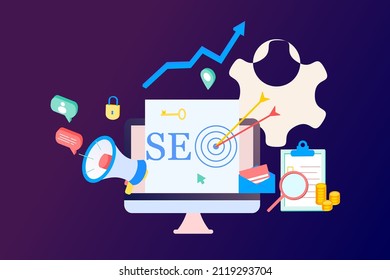 Página de aterrizaje de la plantilla isométrica de SEO Search Engine Optimization moderna de diseño plano. Análisis y optimización conceptual de SEO, estrategias de SEO e ilustración vectorial de concepto de marketing para sitio web.