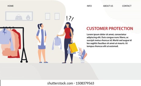 Landing Page for Service Offer Help Support for Shoppers. Customer Protection, Rights Defense. Cartoon Women Buyer and Seller Characters. Conflict at Clothing Boutique Design. Vector Flat Illustration