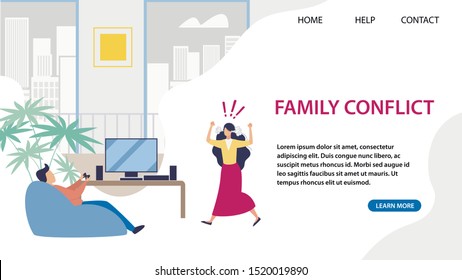 Landing Page for Service Offer Solve Family Conflict. Psychological Help Support to Get Couple Relationship Back on Track. Angry Wife Shouting on Calm Husband Playing Video Games Vector illustration