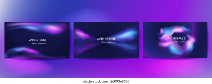 Landing Page Set. Abstract Modern minimalist colorful fluid gradient on dark blue background. Social ads banner or Landing page.