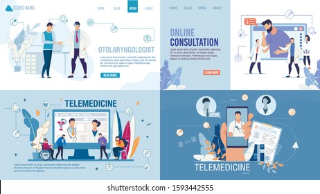 Landing Page Set Advertising Telemedicine Services. Online Consultation via Internet on Smartphone and Computer. Smart Medicine. Healthcare for Disabled, Sick, Weak-Eyed Patients. Vector Illustration