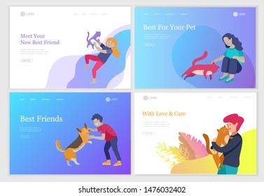 Landing page set of children with cats and dog. Happy, funny kids playing, love and taking care of kittens, pet animals in flat cartoon style.