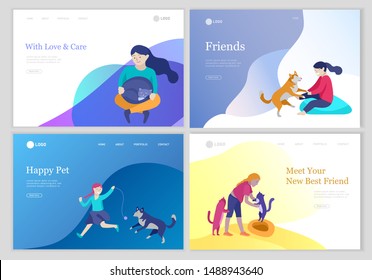 Landing page set of children with cats and dog. Happy, funny kids playing, love and taking care of kittens, pet animals in flat cartoon style.