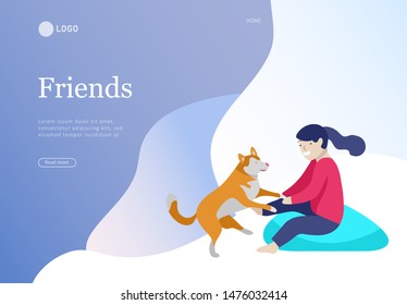 Landing page set of children with pets, cats and dog. Happy, funny kids playing, love and taking care of kittens, pet animals in flat cartoon style.