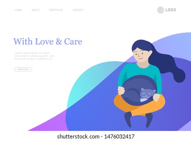 Landing page set of children with pets, cats and dog. Happy, funny kids playing, love and taking care of kittens, pet animals in flat cartoon style.