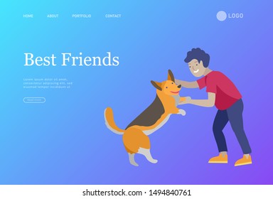 Landing page set of children with pets, cats and dog. Happy, funny kids playing, love and taking care of kittens, pet animals in flat cartoon style.