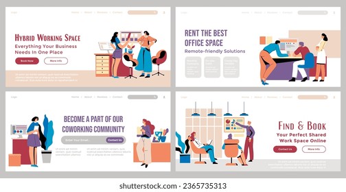 Landing page set for coworking space service. Flat man woman character work in team, vector illustration. Office space rent advertising at web banner collection, interior design