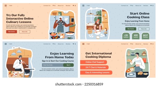 Landing page set with culinary lessons advertising. Flat man woman character at cooking class, web banner collection, vector illustration. People learn cuisine recipes from home