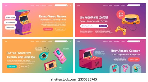 Landing page set design with retro video games. Online store offer with arcade cabinet, web banner collection, vector illustration. Website with retro controllers and consoles, gradient background