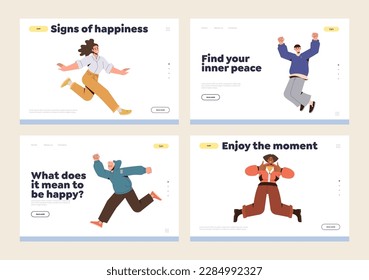 Landing page set. Funny jumping people character showing happiness, inner harmony and balance vector illustration. Concept of mind health, mindfulness and peace. Website and mobile app development