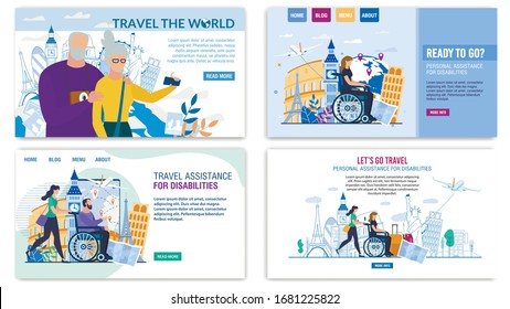 Landing Page Set Offer Best Tour for Senior and Disabled People. Personal Assistance during Transportation Abroad. World Travel for Pensioners. Follow Dream. Rehabilitation Trip. Vector Illustration