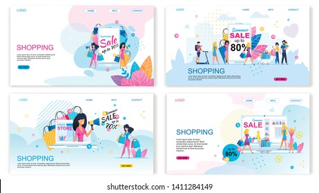 Landing Page Set Offering Buy with Different Discounts. Summer Sales. Shopping Vacation. Happy Cartoon People with Purchase. Online Shop Advertising Flat Banner Pack. Vector Illustration