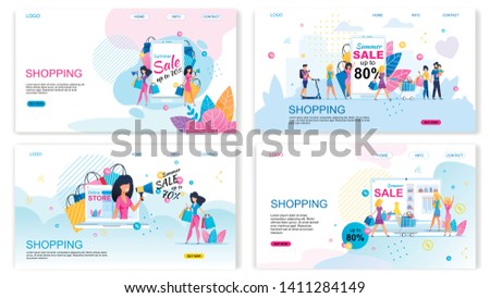 Landing Page Set Offering Buy with Different Discounts. Summer Sales. Shopping Vacation. Happy Cartoon People with Purchase. Online Shop Advertising Flat Banner Pack. Vector Illustration