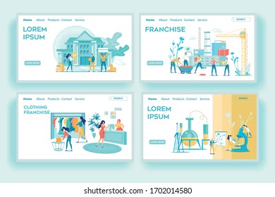 Landing Page Set Offering Chemical, Bio or Medical Research Laboratory, Enterprise Plant Factory, Bank Franchise for Business Development. Partnership and Agreement. Vector Illustration