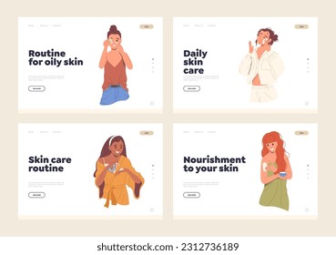 Landing page set offering natural organic cosmetics for young female dry or oily skin care