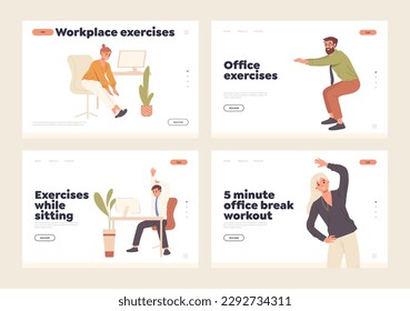 Landing page set offering office workplace exercise with business people do healthy sport exercises