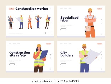 Landing page set for online service offering specialized labor of professional construction worker