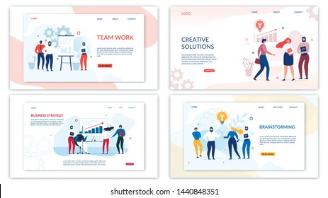 Landing Page Set for Optimization and Development. Mobile Apps and Business Solutions. Male and Female People Characters Working in SEO Team. Edit and Customize Banner Kit. Vector Flat Illustration