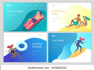 landing page set with People family and children in sea, pool or ocean performing activities. Men or women swimming in swimwear, diving, surfing, lying on floating air mattress, playing ball.