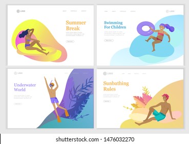 landing page set with People family and children in sea, pool or ocean performing activities. Men or women swimming in swimwear, diving, surfing, lying on floating air mattress, playing ball.