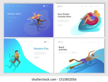 landing page set with People family and children in sea, pool or ocean performing activities. Men or women swimming in swimwear, diving, surfing, lying on floating air mattress, playing ball.