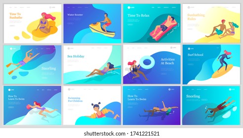 landing page set with People family and children in sea, pool or ocean performing activities. Men or women swimming in swimwear, diving, surfing, lying on floating air mattress, playing ball.