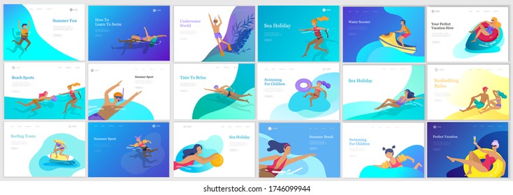 landing page set with People family and children in sea, pool or ocean performing activities. Men or women swimming in swimwear, diving, surfing, lying on floating air mattress, playing ball.