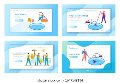 Landing page set - pool maintenance or cleaning service, miniature people in uniform, cleaning products for swimming pool, workers with equipment - test water, broom, vacuum, flat vector for website